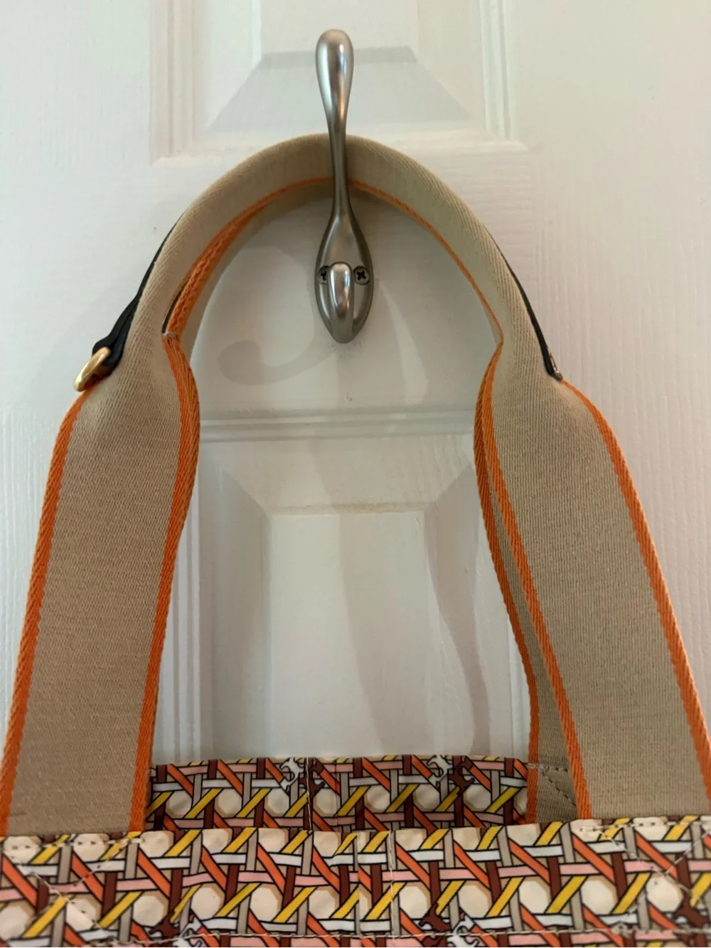 Tory Burch Orange, Yellow and White Patterned Canvas Tote with Cognac Patch - Picture 2 of 3